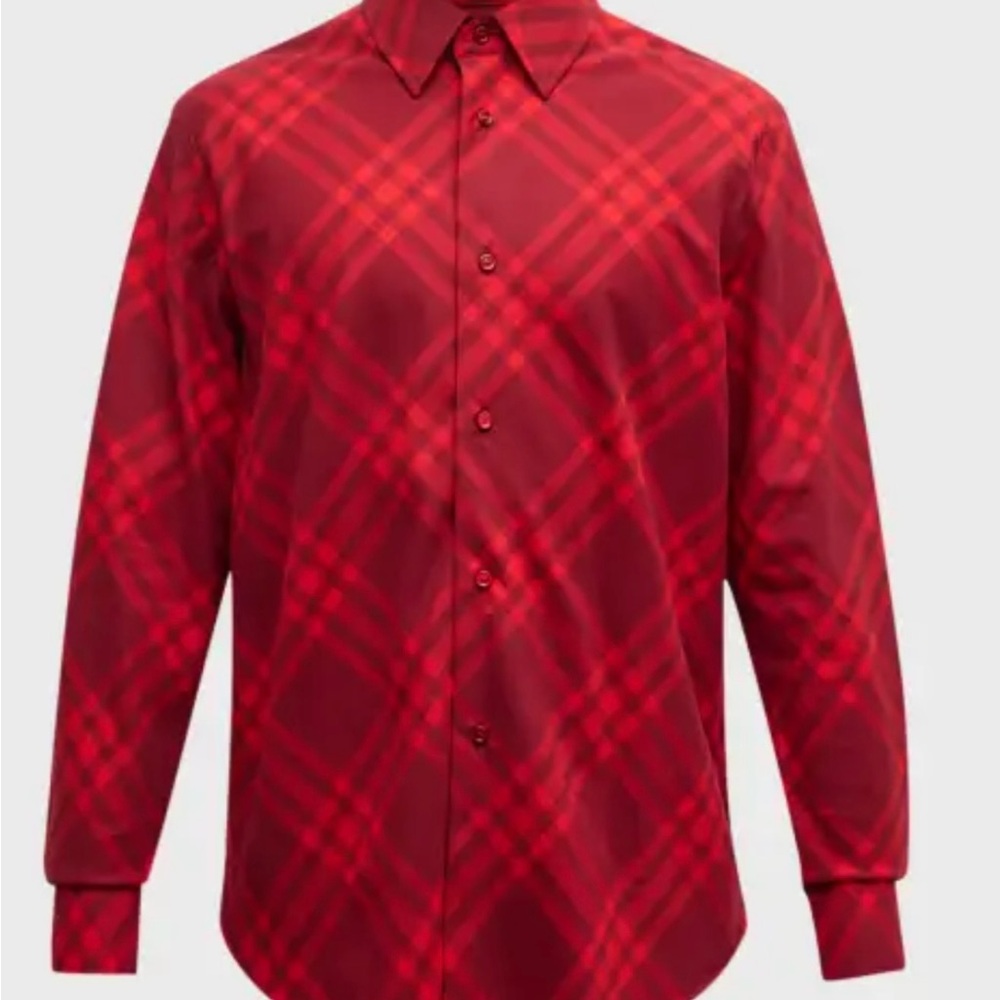 Burberry Plaid Design Red Ripple IP Check Cotton Shirt - Exclusive- Size L